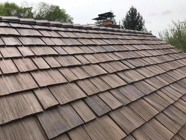 Close-up of a Brava composite cedar shake roof installed on a Tennessee home