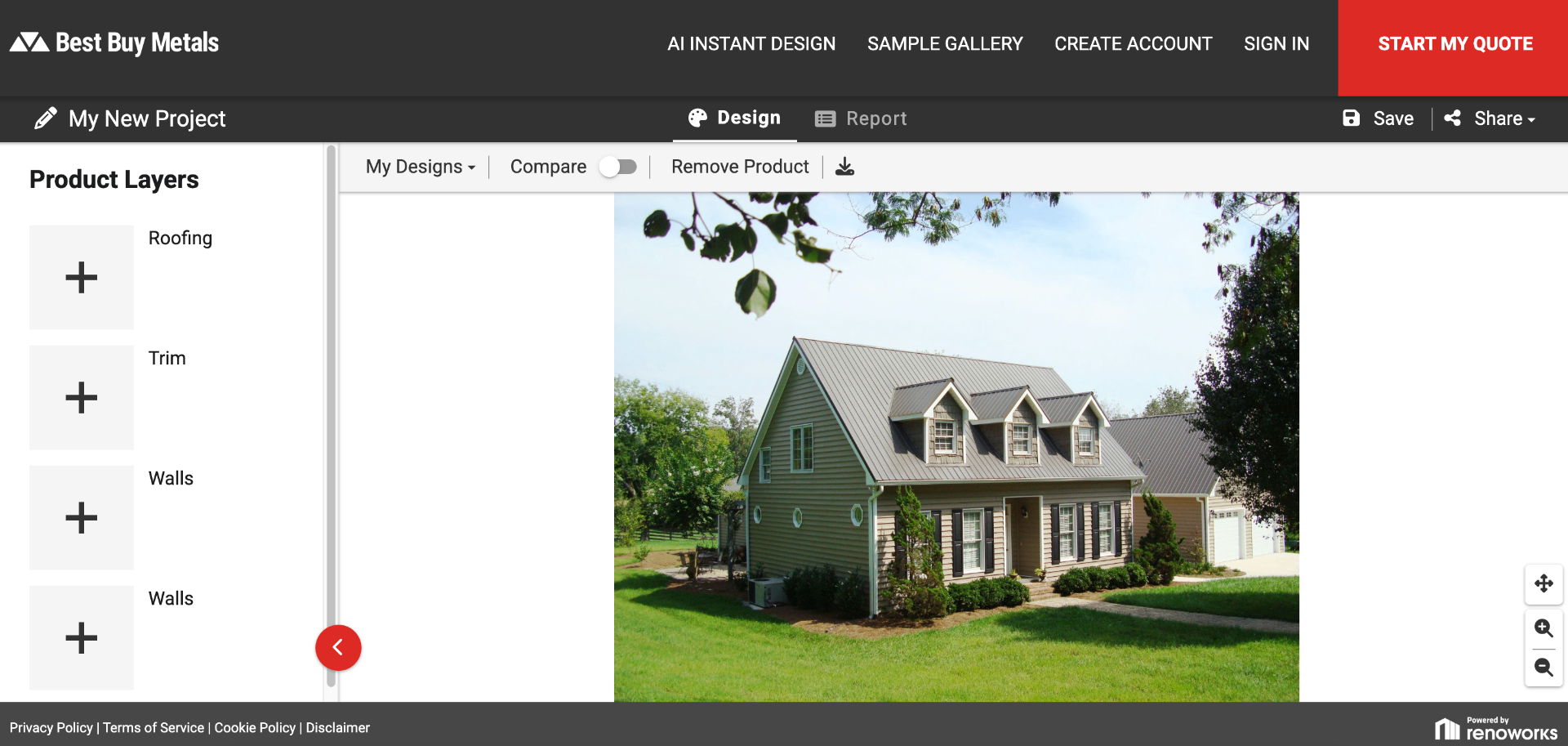 Metal roof color visualizer tool showing a home with customizable roofing colors
